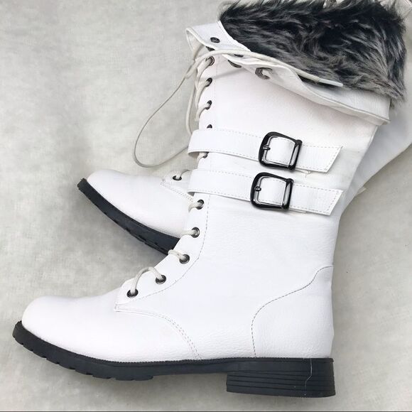 West Blvd Faux Fur Trimmed Lace Up White Boots - Picture 1 of 15